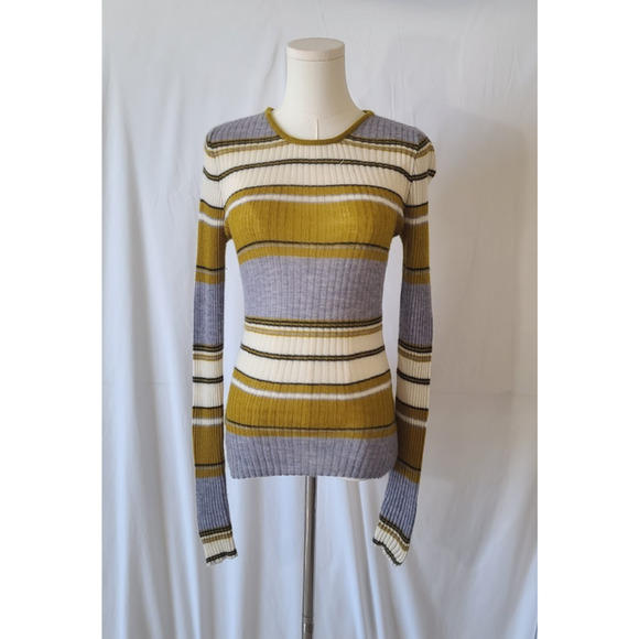 Happy Sheep Womens Yellow Gray Cream Striped Cashmere Sweater Small - Picture 1 of 5
